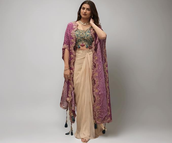 Purple Indo-Western Lehenga Choli Draped Set – Heavy Crepe Silk with Multi-Thread Embroidery & Coding Work | Wedding 3-Piece