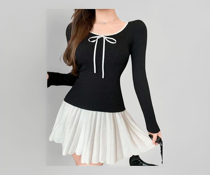 Korean Style Full Sleeve Black Crop Top for Women with White Ribbon | Slim Fit Aesthetic Korean Fashion | Trendy Casual Outfit for Girls