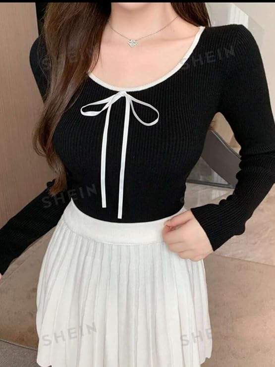 Korean Style Full Sleeve Black Crop Top for Women with White Ribbon | Slim Fit Aesthetic Korean Fashion | Trendy Casual Outfit for Girls