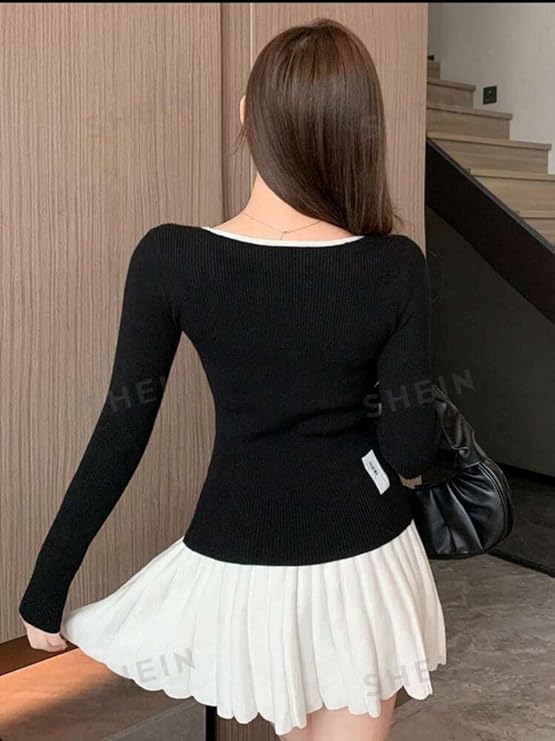 Korean Style Full Sleeve Black Crop Top for Women with White Ribbon | Slim Fit Aesthetic Korean Fashion | Trendy Casual Outfit for Girls