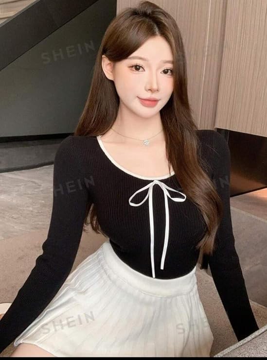 Korean Style Full Sleeve Black Crop Top for Women with White Ribbon | Slim Fit Aesthetic Korean Fashion | Trendy Casual Outfit for Girls