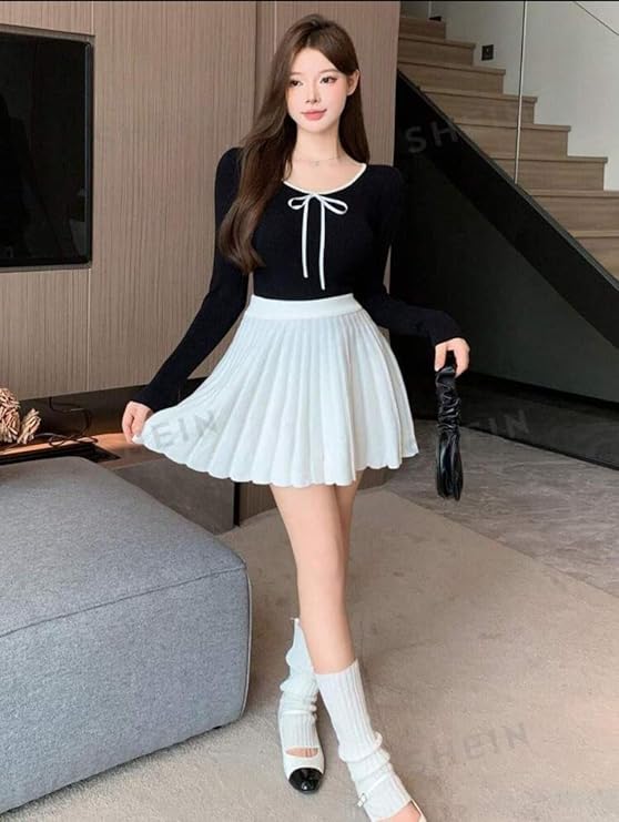 Korean Style Full Sleeve Black Crop Top for Women with White Ribbon | Slim Fit Aesthetic Korean Fashion | Trendy Casual Outfit for Girls