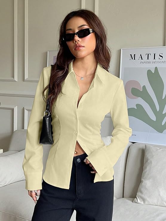 Aahwan Women Polyester Modern Fit Solid Front Button Long Sleeve Casual Shirt