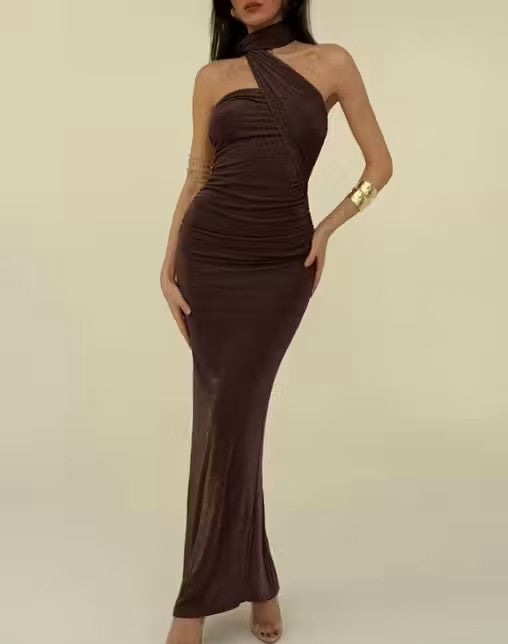 Coffee Brown Sleeveless Midi Dress for Women | Solid Lycra Trendy Dress