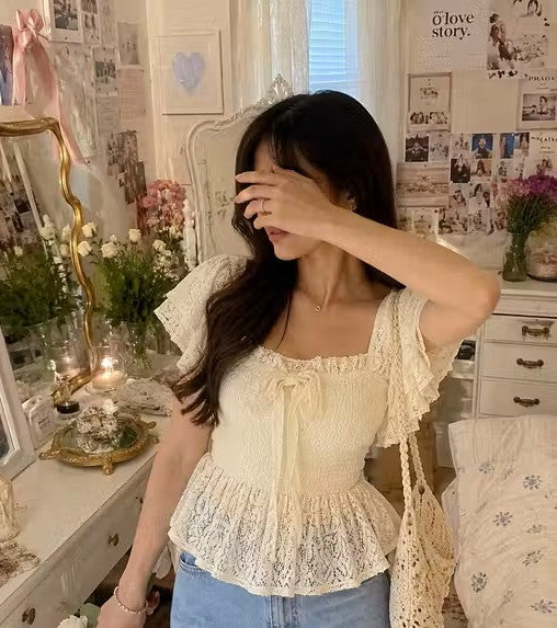 Cream Lace Smocked Peplum Top with Bow Detail | Flutter Sleeve Korean Style