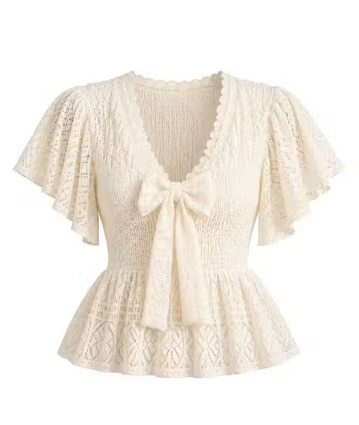 Cream Lace Smocked Peplum Top with Bow Detail | Flutter Sleeve Korean Style