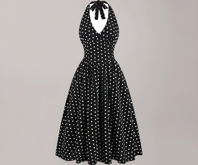 Aahwan Polka Dots Halter Long Dress Backless A Line Flared Vintage Party Club Dresses for Women's & Girl's