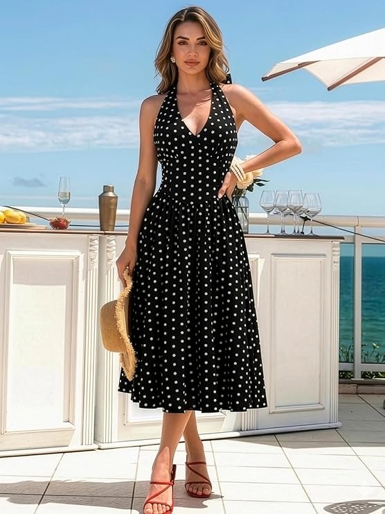 Aahwan Polka Dots Halter Long Dress Backless A Line Flared Vintage Party Club Dresses for Women's & Girl's