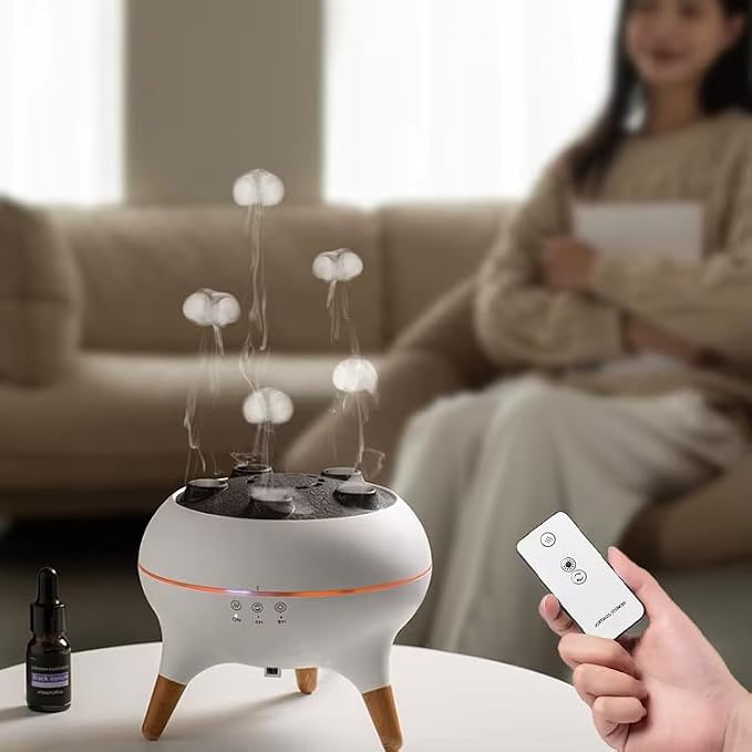 Jellyfish Aroma Diffuser with Remote Control – 7 Color LED, Mushroom Mist Design, Wooden Legs & Multiple Mist Nozzles | Ultrasonic Essential Oil Diffuser