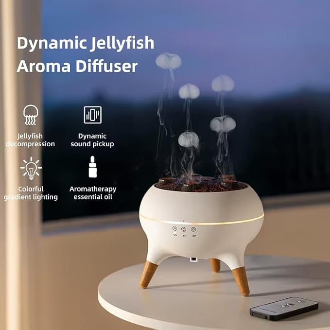 Jellyfish Aroma Diffuser with Remote Control – 7 Color LED, Mushroom Mist Design, Wooden Legs & Multiple Mist Nozzles | Ultrasonic Essential Oil Diffuser