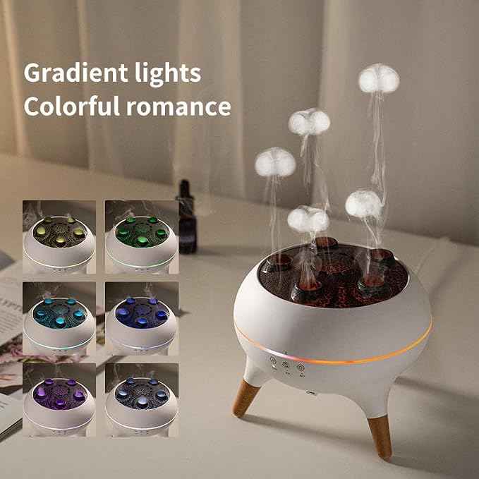 Jellyfish Aroma Diffuser with Remote Control – 7 Color LED, Mushroom Mist Design, Wooden Legs & Multiple Mist Nozzles | Ultrasonic Essential Oil Diffuser