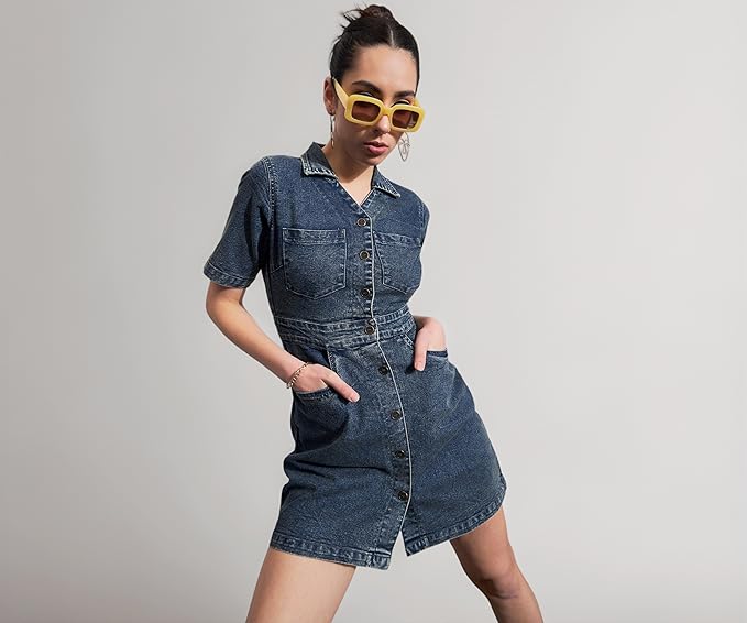 Sassafras Women's Mini Short Sleeves Blast Denim Front Button – Casual Streetwear Denim Dress