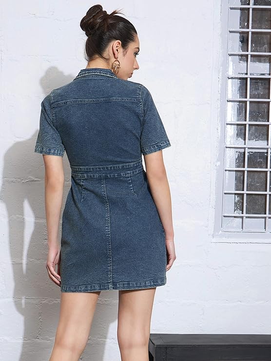 Sassafras Women's Mini Short Sleeves Blast Denim Front Button – Casual Streetwear Denim Dress