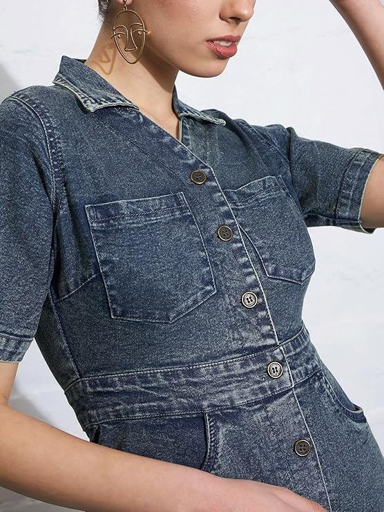 Sassafras Women's Mini Short Sleeves Blast Denim Front Button – Casual Streetwear Denim Dress