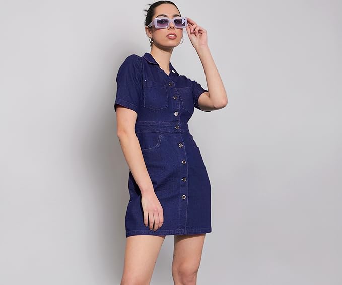 Sassafras Women's Mini Short Sleeves Blast Denim Front Button – Casual Streetwear Denim Dress