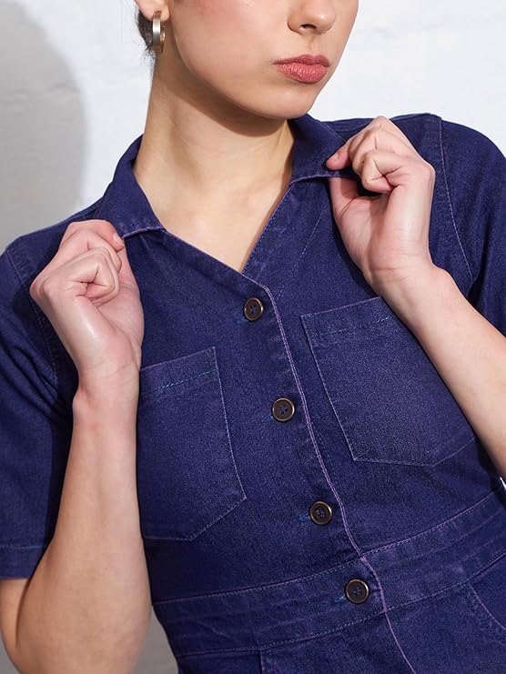 Sassafras Women's Mini Short Sleeves Blast Denim Front Button – Casual Streetwear Denim Dress