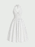Aahwan Polka Dots Halter Long Dress Backless A Line Flared Vintage Party Club Dresses for Women's & Girl's