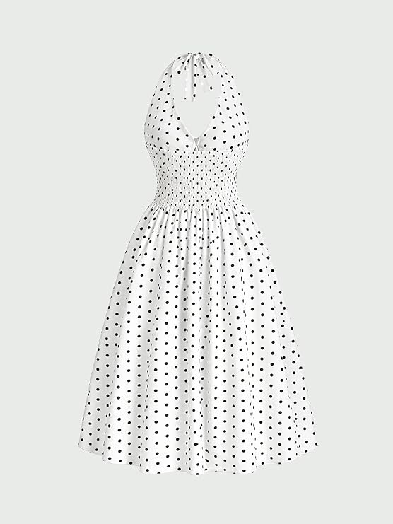 Aahwan Polka Dots Halter Long Dress Backless A Line Flared Vintage Party Club Dresses for Women's & Girl's