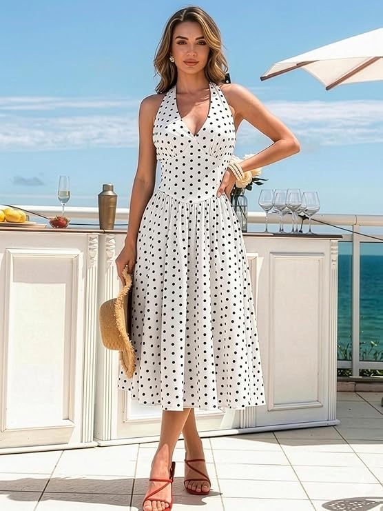 Aahwan Polka Dots Halter Long Dress Backless A Line Flared Vintage Party Club Dresses for Women's & Girl's