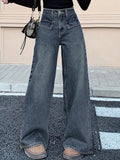 Women's High Rise Wide-Leg Korean Jeans – Flared Fit with Flap Detailing | Solid Trendy Denim