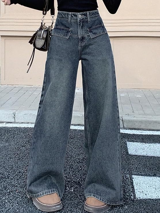 Women's High Rise Wide-Leg Korean Jeans – Flared Fit with Flap Detailing | Solid Trendy Denim