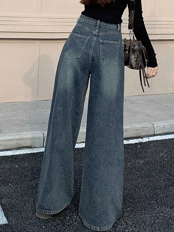 Women's High Rise Wide-Leg Korean Jeans – Flared Fit with Flap Detailing | Solid Trendy Denim