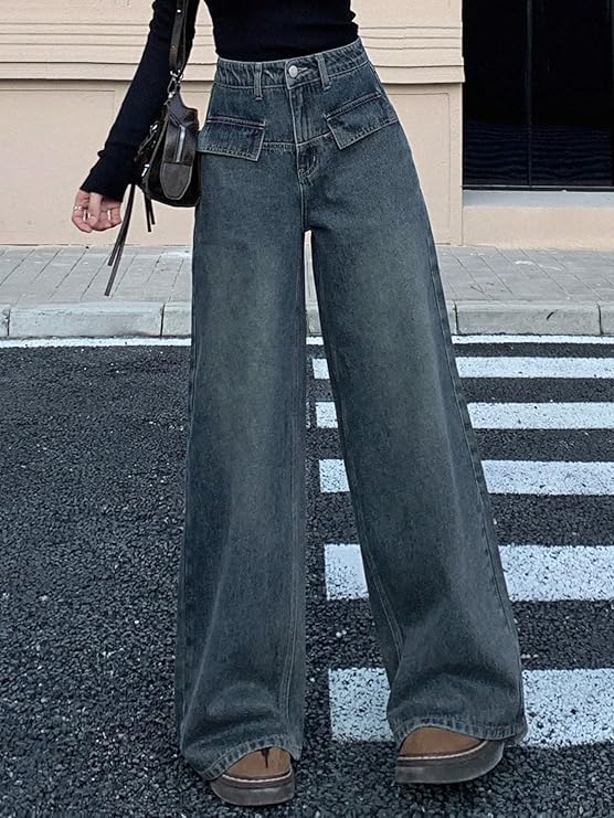 Women's High Rise Wide-Leg Korean Jeans – Flared Fit with Flap Detailing | Solid Trendy Denim