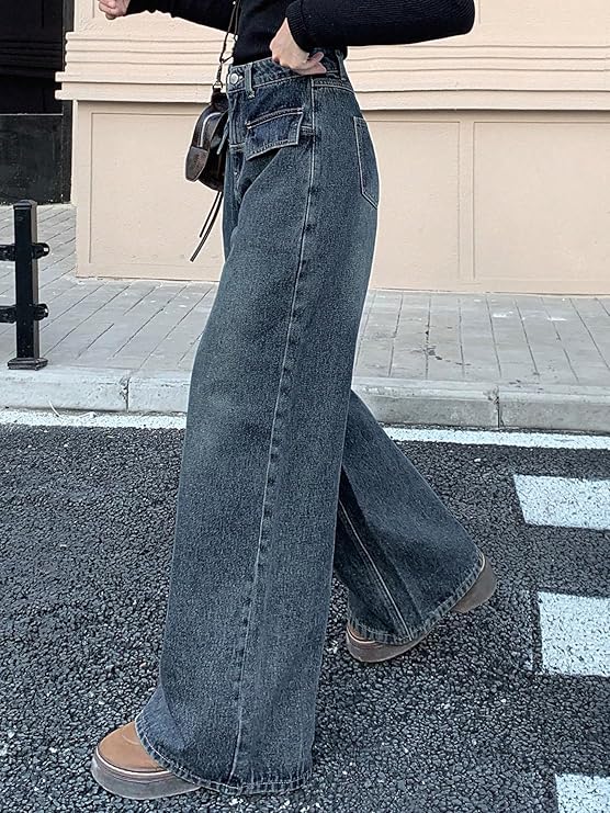 Women's High Rise Wide-Leg Korean Jeans – Flared Fit with Flap Detailing | Solid Trendy Denim