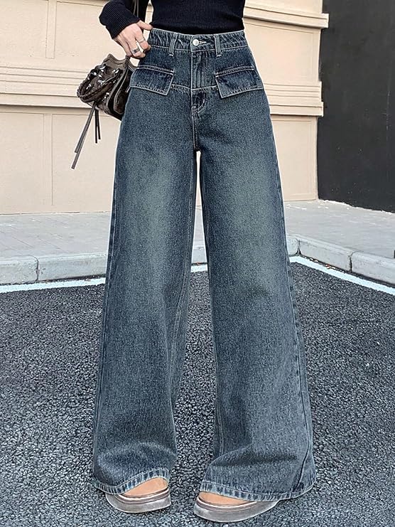 Women's High Rise Wide-Leg Korean Jeans – Flared Fit with Flap Detailing | Solid Trendy Denim