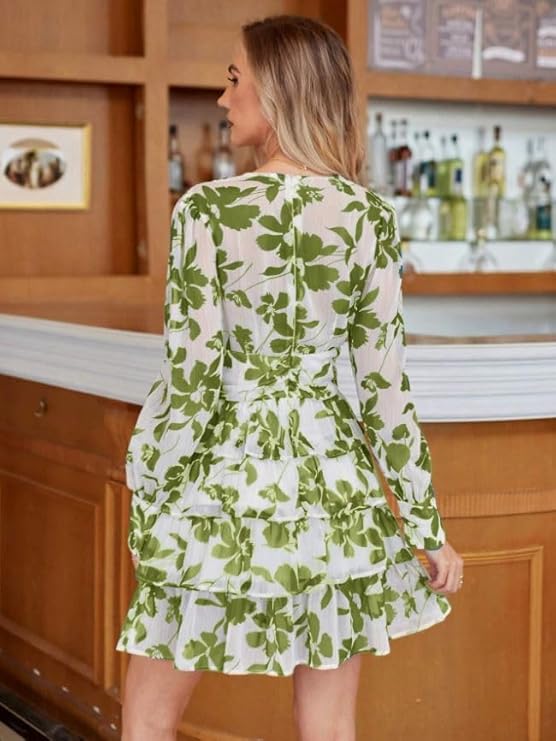 Women's V-Neck Floral Print Ruffle Long Sleeve A-Line Mini Dress | Elegant Casual Party Outfit | Lightweight Layered Summer Wear
