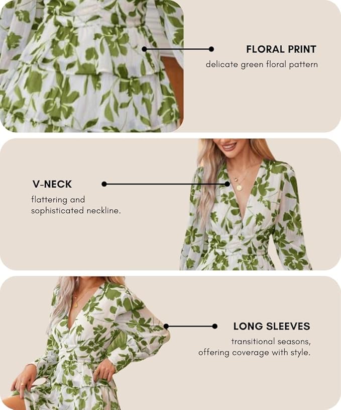 Women's V-Neck Floral Print Ruffle Long Sleeve A-Line Mini Dress | Elegant Casual Party Outfit | Lightweight Layered Summer Wear