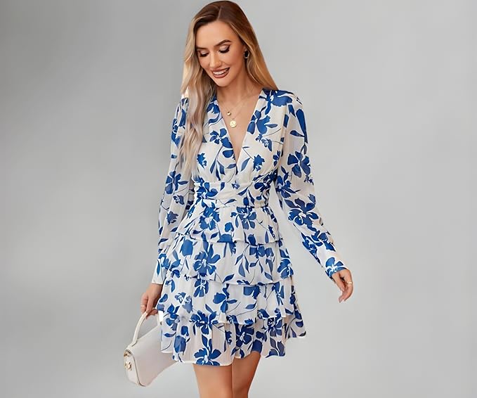 Women's V-Neck Floral Print Ruffle Long Sleeve A-Line Mini Dress | Elegant Casual Party Outfit | Lightweight Layered Summer Wear