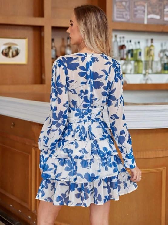Women's V-Neck Floral Print Ruffle Long Sleeve A-Line Mini Dress | Elegant Casual Party Outfit | Lightweight Layered Summer Wear