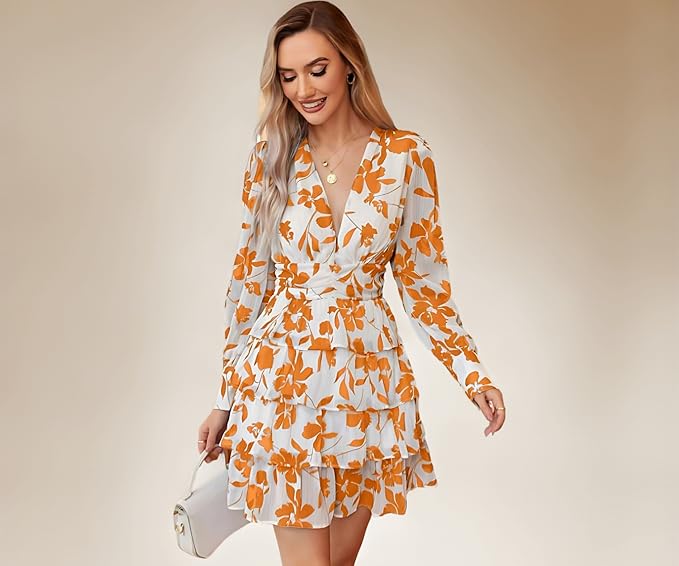 Women's V-Neck Floral Print Ruffle Long Sleeve A-Line Mini Dress | Elegant Casual Party Outfit | Lightweight Layered Summer Wear