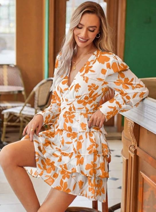 Women's V-Neck Floral Print Ruffle Long Sleeve A-Line Mini Dress | Elegant Casual Party Outfit | Lightweight Layered Summer Wear
