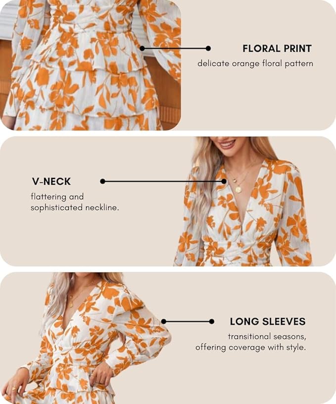 Women's V-Neck Floral Print Ruffle Long Sleeve A-Line Mini Dress | Elegant Casual Party Outfit | Lightweight Layered Summer Wear
