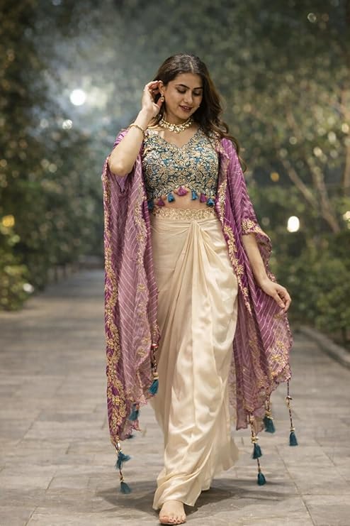 Purple Indo-Western Lehenga Choli Draped Set – Heavy Crepe Silk with Multi-Thread Embroidery & Coding Work | Wedding 3-Piece