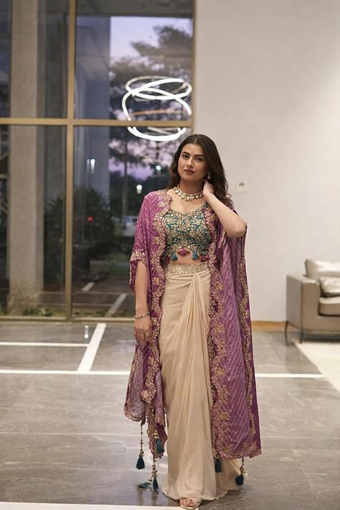 Purple Indo-Western Lehenga Choli Draped Set – Heavy Crepe Silk with Multi-Thread Embroidery & Coding Work | Wedding 3-Piece