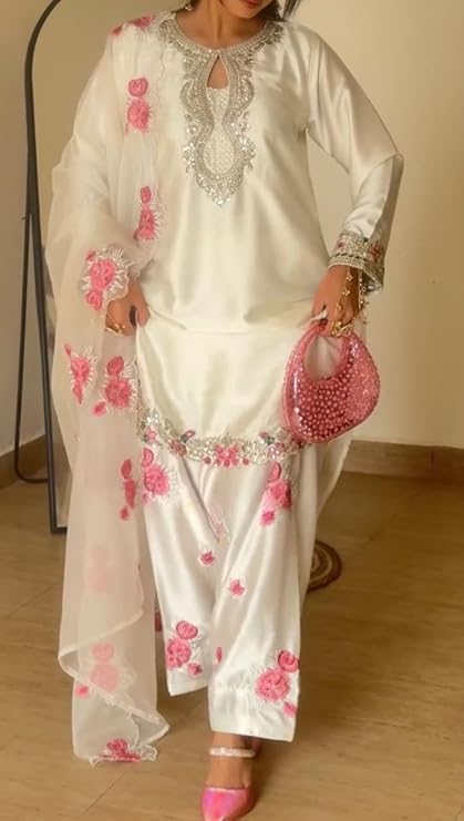 Women’s Pure Roamon Silk Motif Embroidered Farshi Salwar Suit with Dupatta Set Elegant Wear for women
