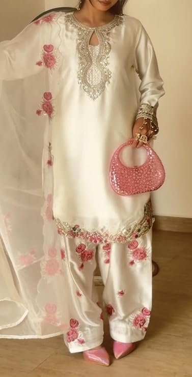 Women’s Pure Roamon Silk Motif Embroidered Farshi Salwar Suit with Dupatta Set Elegant Wear for women