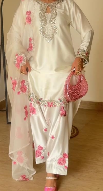 Women’s Pure Roamon Silk Motif Embroidered Farshi Salwar Suit with Dupatta Set Elegant Wear for women