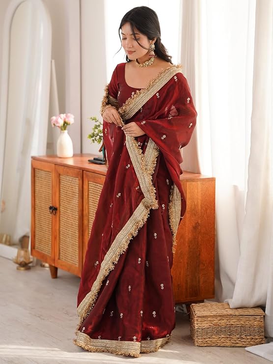 Elegant Satin Saree with Gold Zari, Sequin Embroidery & Lace Border – Includes Unstitched Blouse Piece
