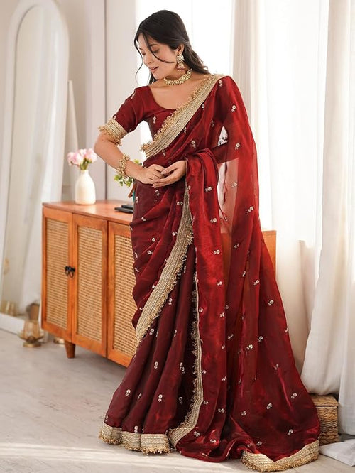 Elegant Satin Saree with Gold Zari, Sequin Embroidery & Lace Border – Includes Unstitched Blouse Piece