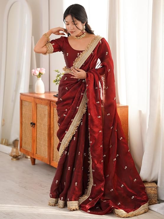 Elegant Satin Saree with Gold Zari, Sequin Embroidery & Lace Border – Includes Unstitched Blouse Piece