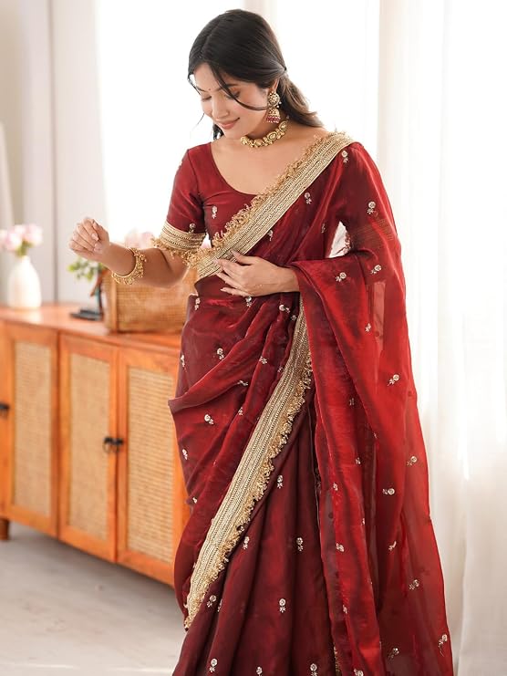 Elegant Satin Saree with Gold Zari, Sequin Embroidery & Lace Border – Includes Unstitched Blouse Piece
