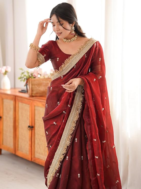 Elegant Satin Saree with Gold Zari, Sequin Embroidery & Lace Border – Includes Unstitched Blouse Piece