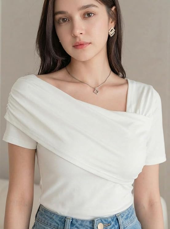 Women's Ruched Asymmetrical Neck Stretch Top – Slim Fit Trendy Going-Out Top