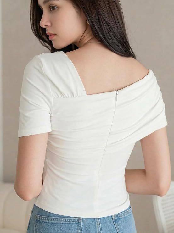Women's Ruched Asymmetrical Neck Stretch Top – Slim Fit Trendy Going-Out Top