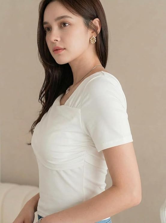 Women's Ruched Asymmetrical Neck Stretch Top – Slim Fit Trendy Going-Out Top