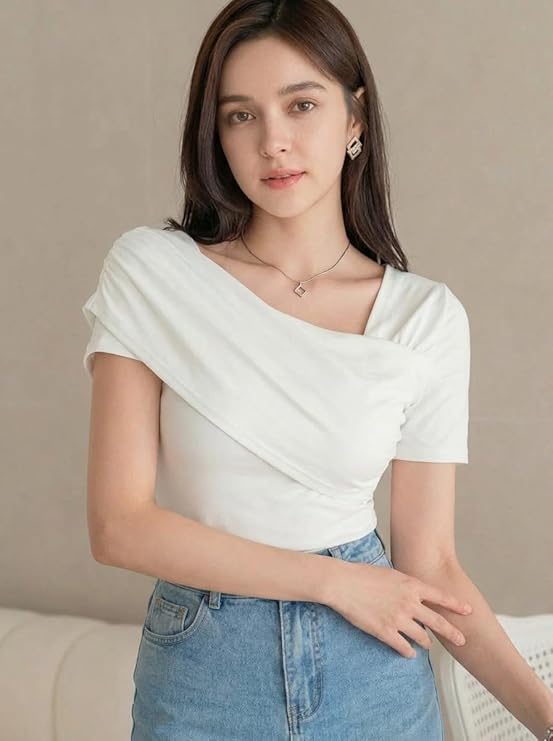 Women's Ruched Asymmetrical Neck Stretch Top – Slim Fit Trendy Going-Out Top